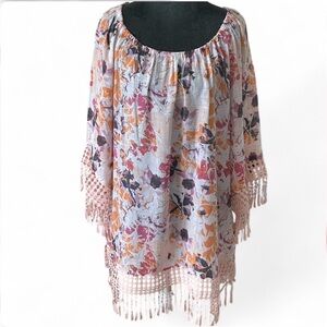 Boho Floral Fringe Tunic Top in Blush and Mustard